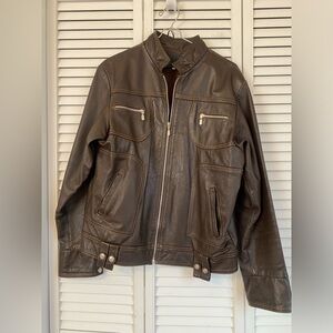 VTG Mexican Brown Leather Jacket Mens Military Bike Zipper Pockets Oklahoma Seal